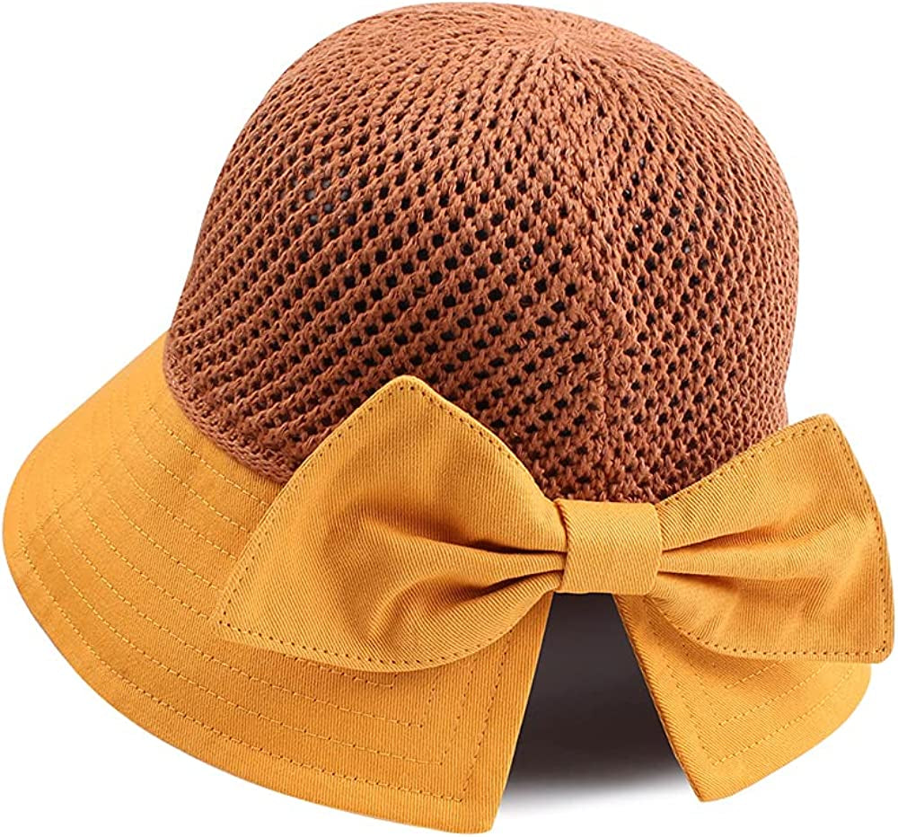 Women Wide Brim Hat Hollow Breathable Summer Bucket Hat Bow Lady’S Sun Cap for Travel Apparel & Accessories > Clothing Accessories > Hats Zsedrut Ginger Yellow