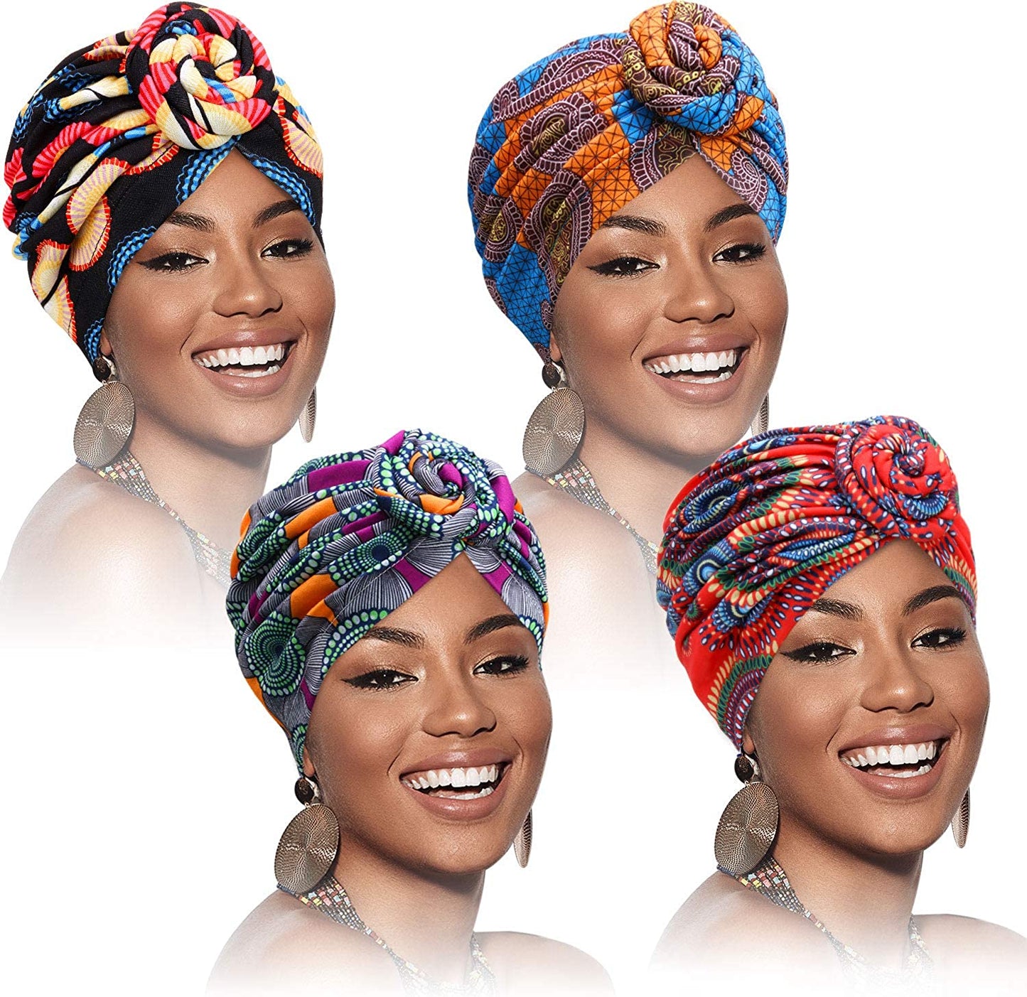 SATINIOR 4 Pieces African Pattern Headwrap Pre-Tied Bonnet Turban Knot Beanie Cap Headwrap Hat Apparel & Accessories > Clothing Accessories > Headwear SATINIOR Flower Style