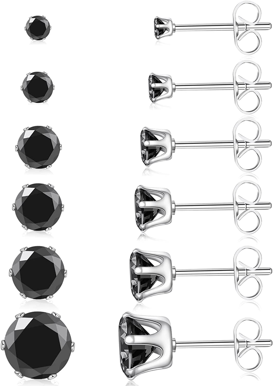 UHIBROS 6 Pairs Stainless Steel Stud Earrings Set Hypoallergenic Cubic Zirconia 14K White Gold 316L CZ Earrings Apparel & Accessories > Jewelry > Earrings UHIBROS Black