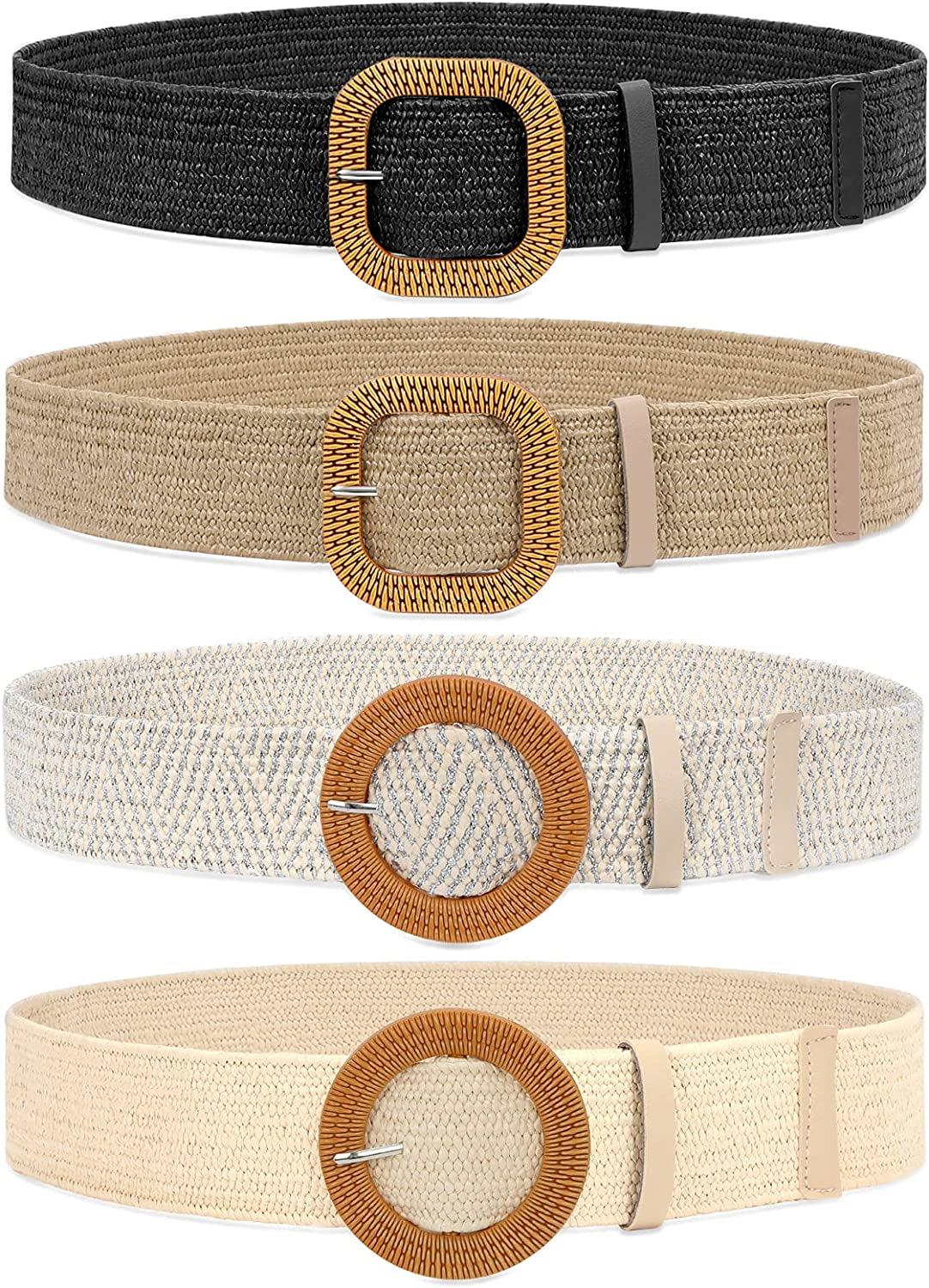 Set of 4 Straw Woven Elastic Stretch Waist Belts for Women, Fashion Boho Ladies Braided Skinny Dress Belt by WHIPPY Apparel & Accessories > Clothing Accessories > Belts WHIPPY 5-black/Khaki/Beige/Silver Fit Waist up to 35"
