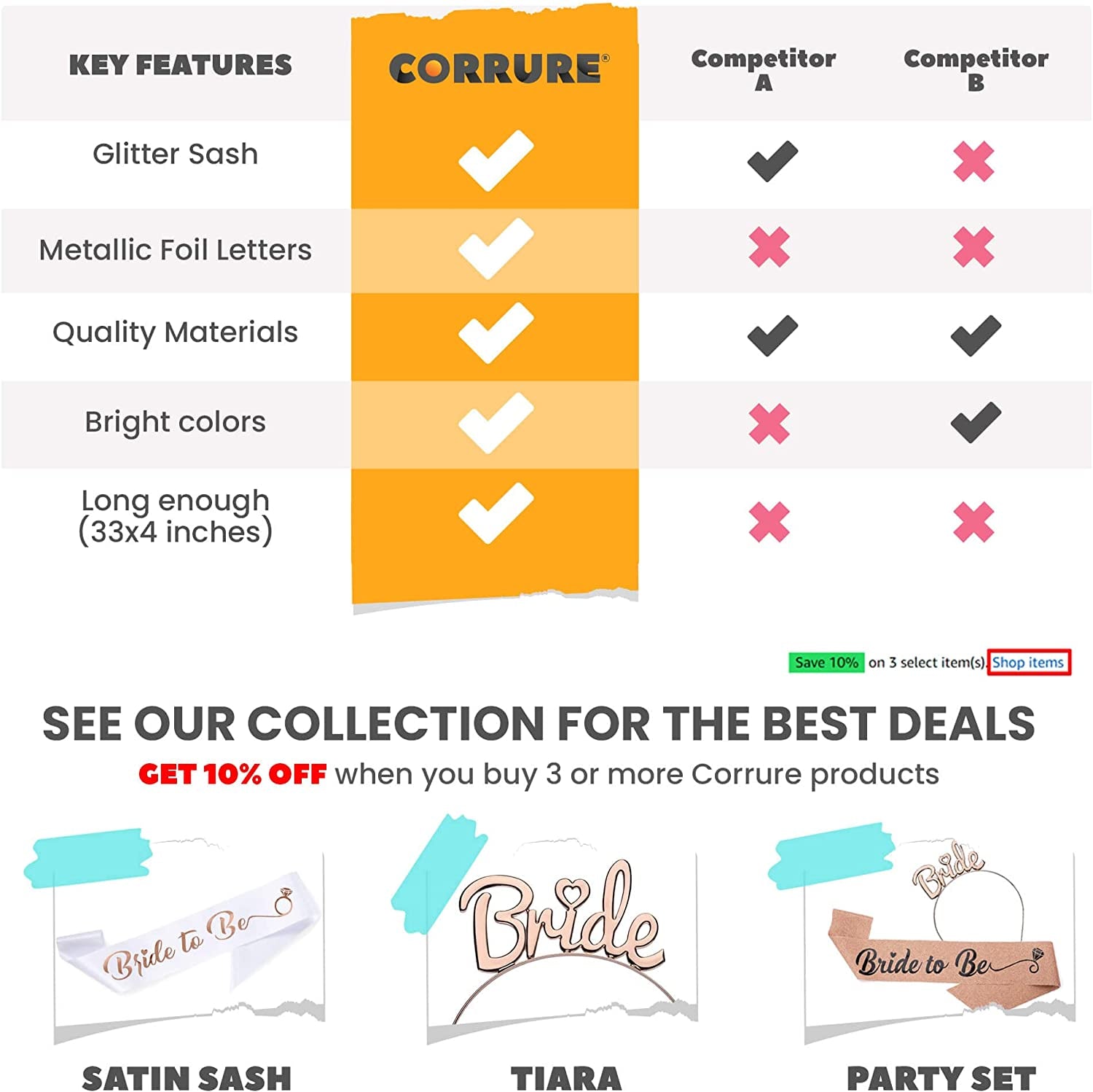 CORRURE 'Bride to Be' Sash for Bachelorette Party - Bridal Shower Gold Glitter Sash with Black Foil Lettering - Hen Party Decorations Supplies Accessories, Wedding Engagement Party Favors Gift Apparel & Accessories > Clothing Accessories > Sashes CORRURE