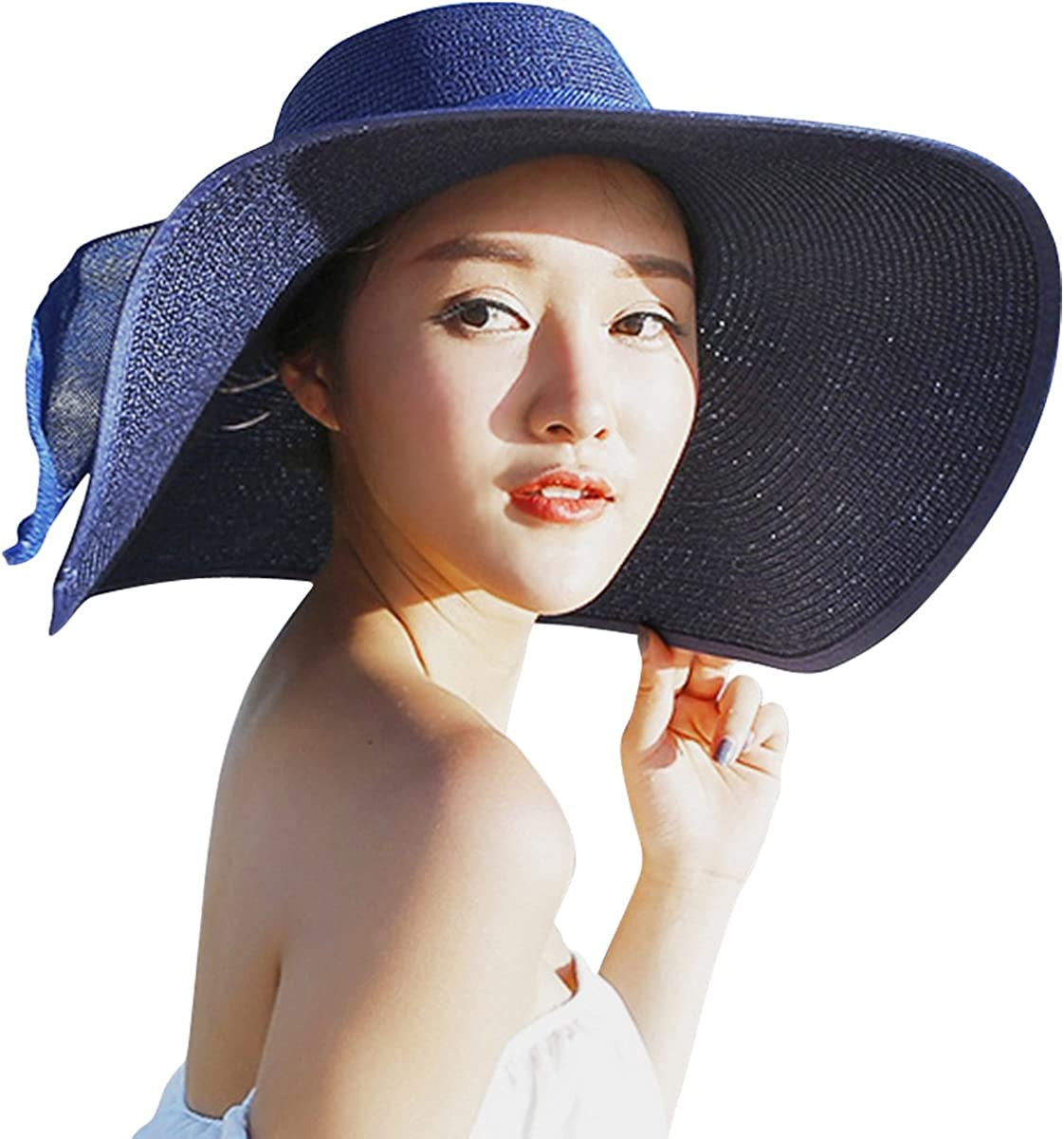 Lanzom Womens 5.5 Inches Big Bowknot Straw Hat Large Floppy Foldable Roll up Beach Cap Sun Hat UPF 50+ Apparel & Accessories > Clothing Accessories > Hats Lanzom Navy Blue One Size