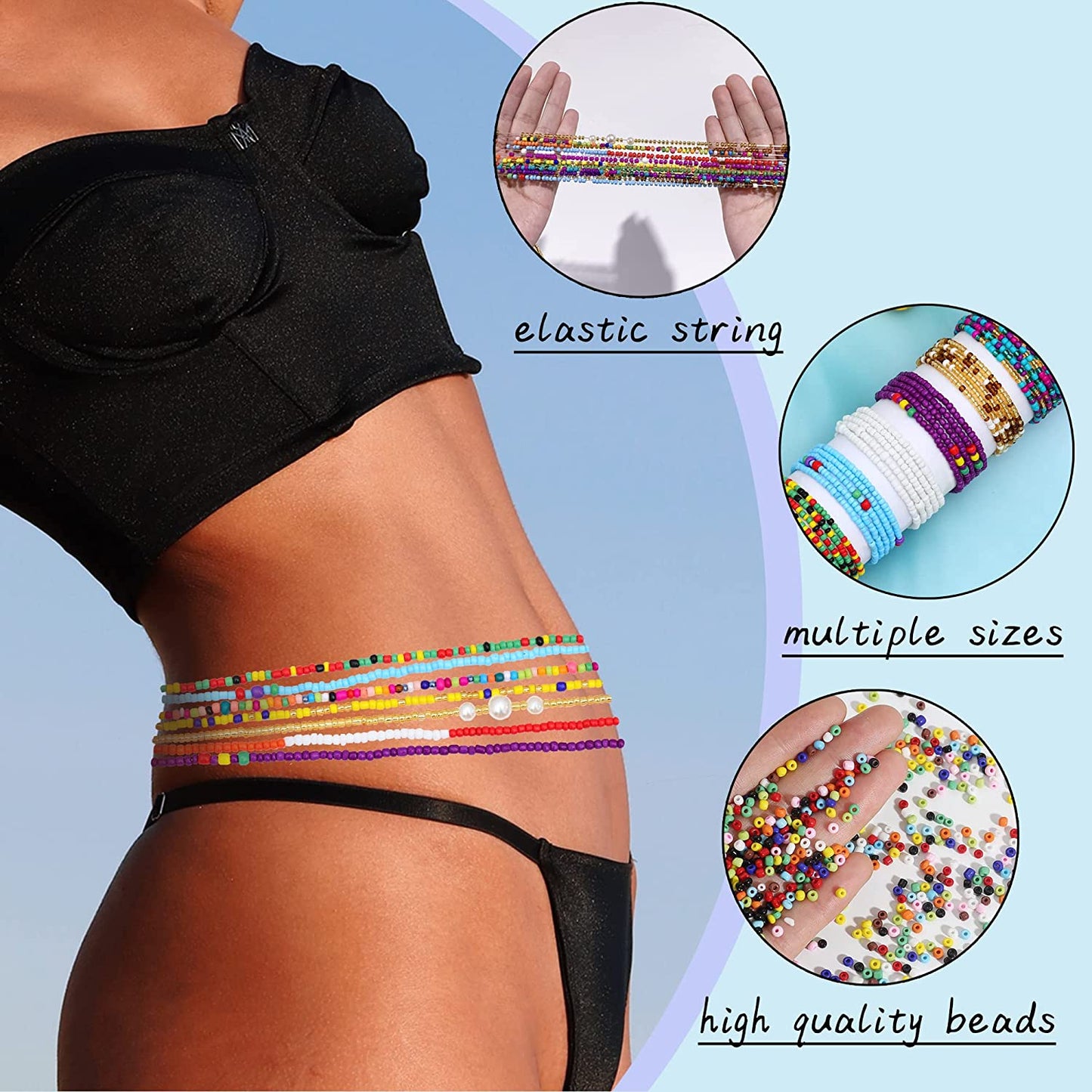 TOSGMY 15Pcs 31.5-50Inch Waist Beads for Women Girls Stretchy Belly Chain Body Jewelry Set Colorful Waist Chain Summer Bikini Body Chain plus Size Apparel & Accessories > Jewelry > Body Jewelry TOSGMY