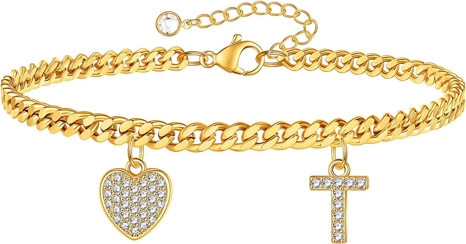 Gold Heart Ankle Bracelets for Women 14K Gold Plated Initial Charm Gold Anklets for Women Cuban Link Chain Heart Anklet Bracelets for Women Apparel & Accessories > Jewelry > Anklets BRIJEWLIC T