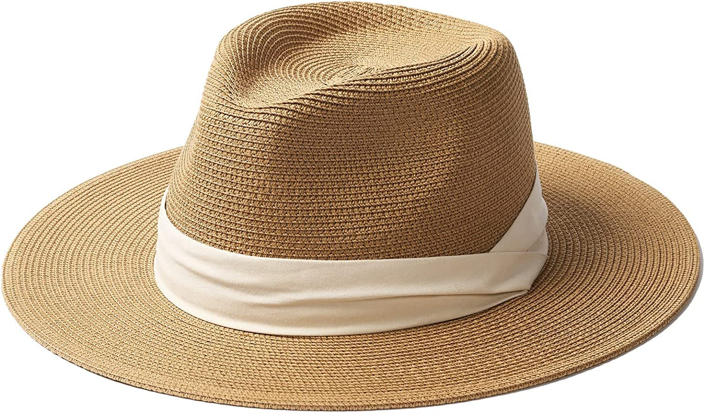 FURTALK Panama Hat Sun Hats for Women Men Wide Brim Fedora Straw Beach Hat UV UPF 50 Apparel & Accessories > Clothing Accessories > Hats KYLIE MAX Khaki+white Large