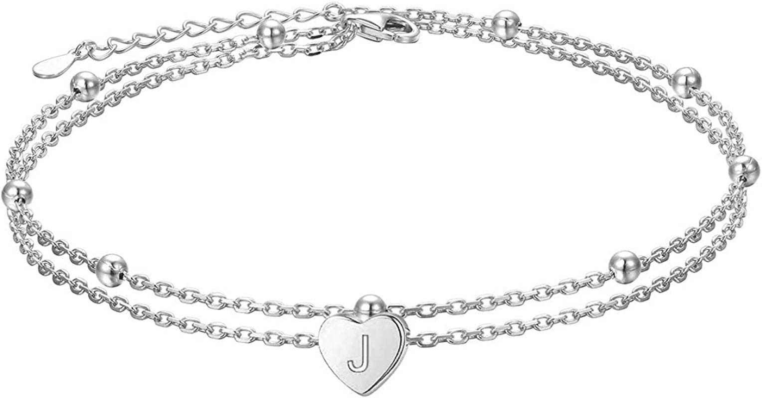 Heart Initial Ankle Bracelets for Women Real S925 Sterling Silver Adjustable Letter Initial Heart Charm Anklets Beach Jewelry Apparel & Accessories > Jewelry > Anklets FLYOW J