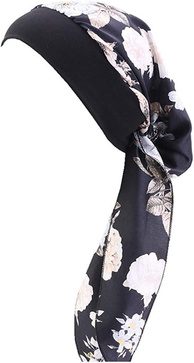 CCCHO Women Vintage Silky Turbans Bonnet Elastic Wide Band Multifunction Printing Hat Chemo Hair Loss Cap Apparel & Accessories > Clothing Accessories > Headwear CCCHO Black001