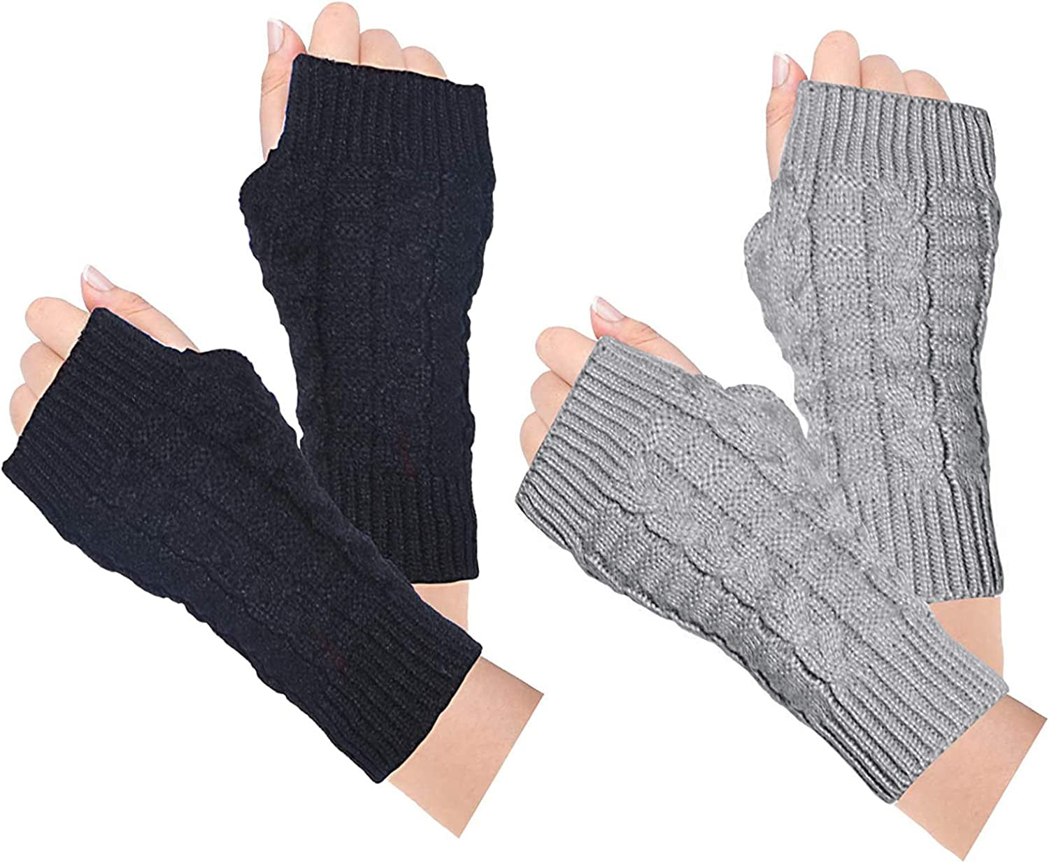 Loritta 2 Pairs Womens Fingerless Gloves Winter Warm Knit Crochet Thumbhole Arm Warmers Apparel & Accessories > Clothing Accessories > Gloves & Mittens Loritta A Black+light Gray(2 Pairs)