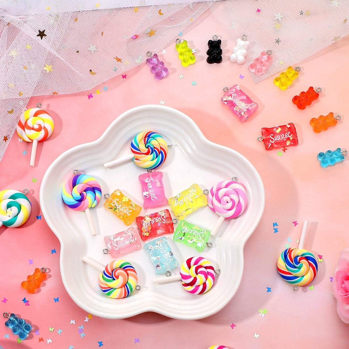 89 Pieces Candy Charms Colorful Bear Charms Sweet Gummy Candy Pendant Cute Bear Pendants Polymer Clay Lollipop Shape Charm for Earrings Necklace Bracelet DIY Jewelry Making