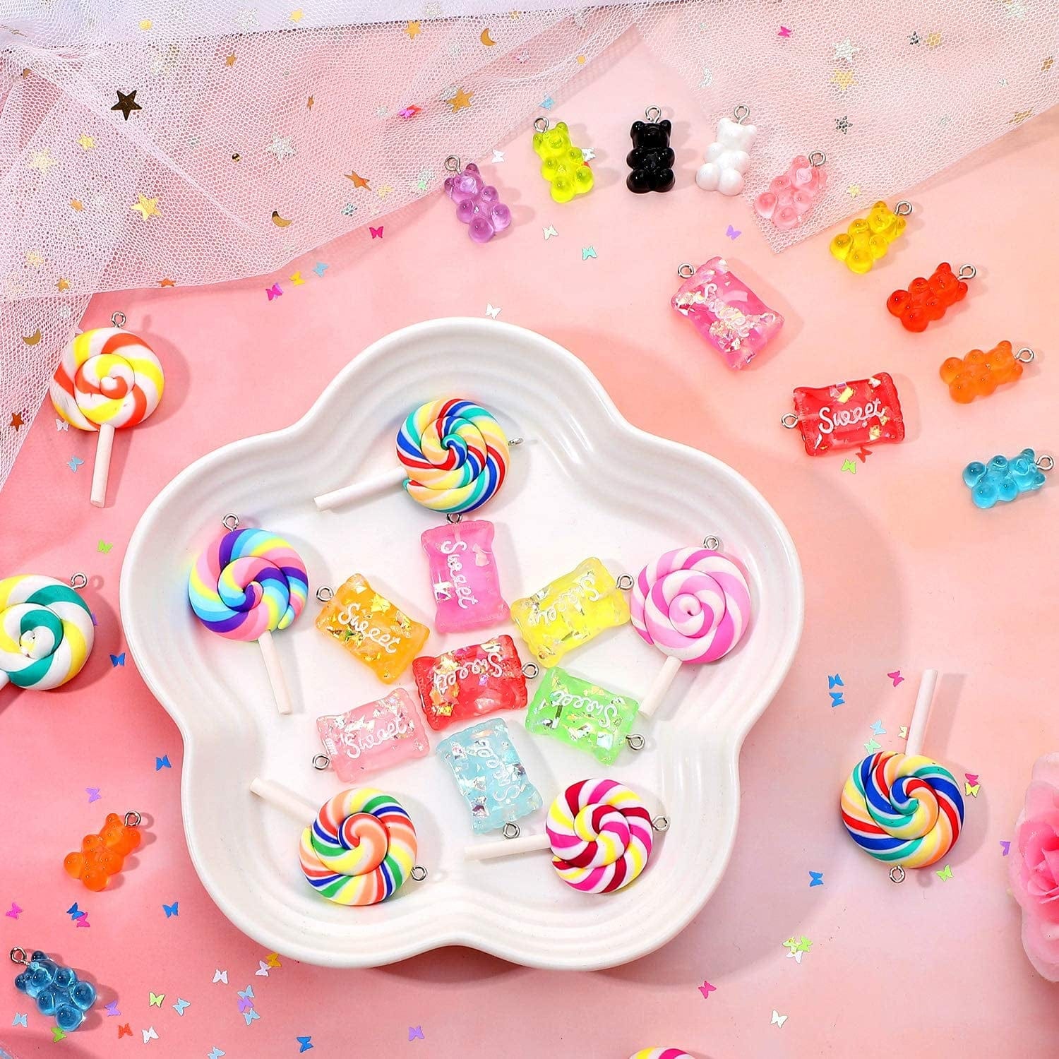 89 Pieces Candy Charms Colorful Bear Charms Sweet Gummy Candy Pendant Cute Bear Pendants Polymer Clay Lollipop Shape Charm for Earrings Necklace Bracelet DIY Jewelry Making
