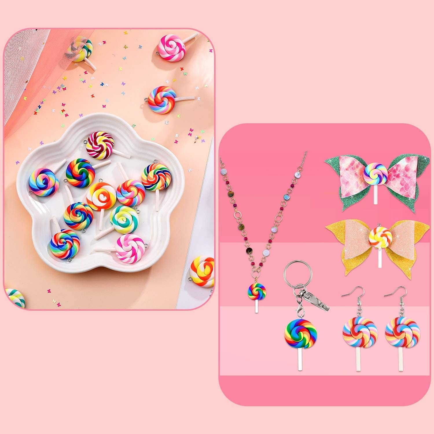 89 Pieces Candy Charms Colorful Bear Charms Sweet Gummy Candy Pendant Cute Bear Pendants Polymer Clay Lollipop Shape Charm for Earrings Necklace Bracelet DIY Jewelry Making