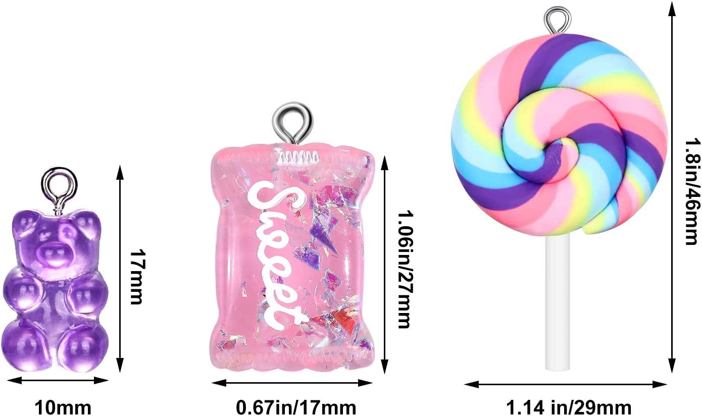 89 Pieces Candy Charms Colorful Bear Charms Sweet Gummy Candy Pendant Cute Bear Pendants Polymer Clay Lollipop Shape Charm for Earrings Necklace Bracelet DIY Jewelry Making