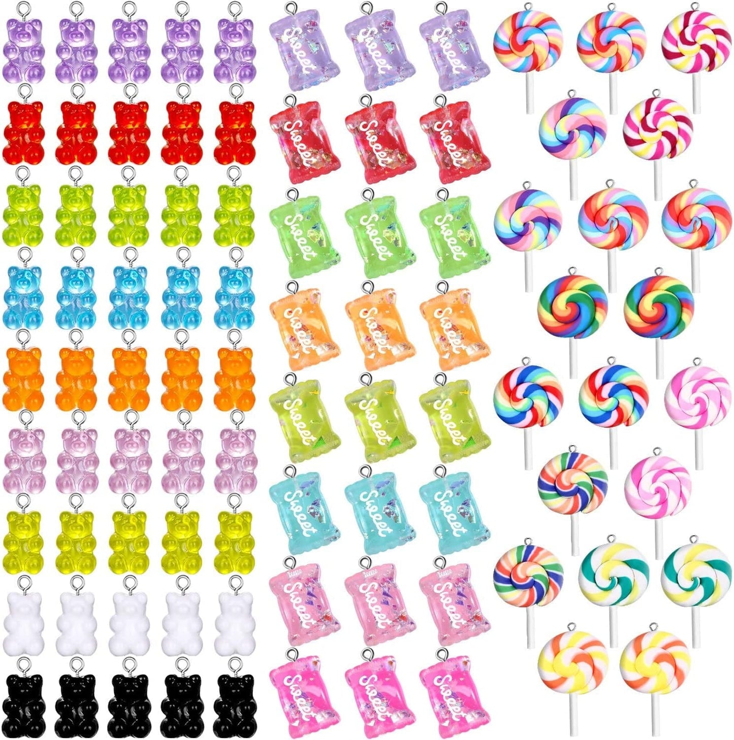 89 Pieces Candy Charms Colorful Bear Charms Sweet Gummy Candy Pendant Cute Bear Pendants Polymer Clay Lollipop Shape Charm for Earrings Necklace Bracelet DIY Jewelry Making