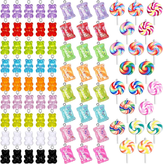 89 Pieces Candy Charms Colorful Bear Charms Sweet Gummy Candy Pendant Cute Bear Pendants Polymer Clay Lollipop Shape Charm for Earrings Necklace Bracelet DIY Jewelry Making