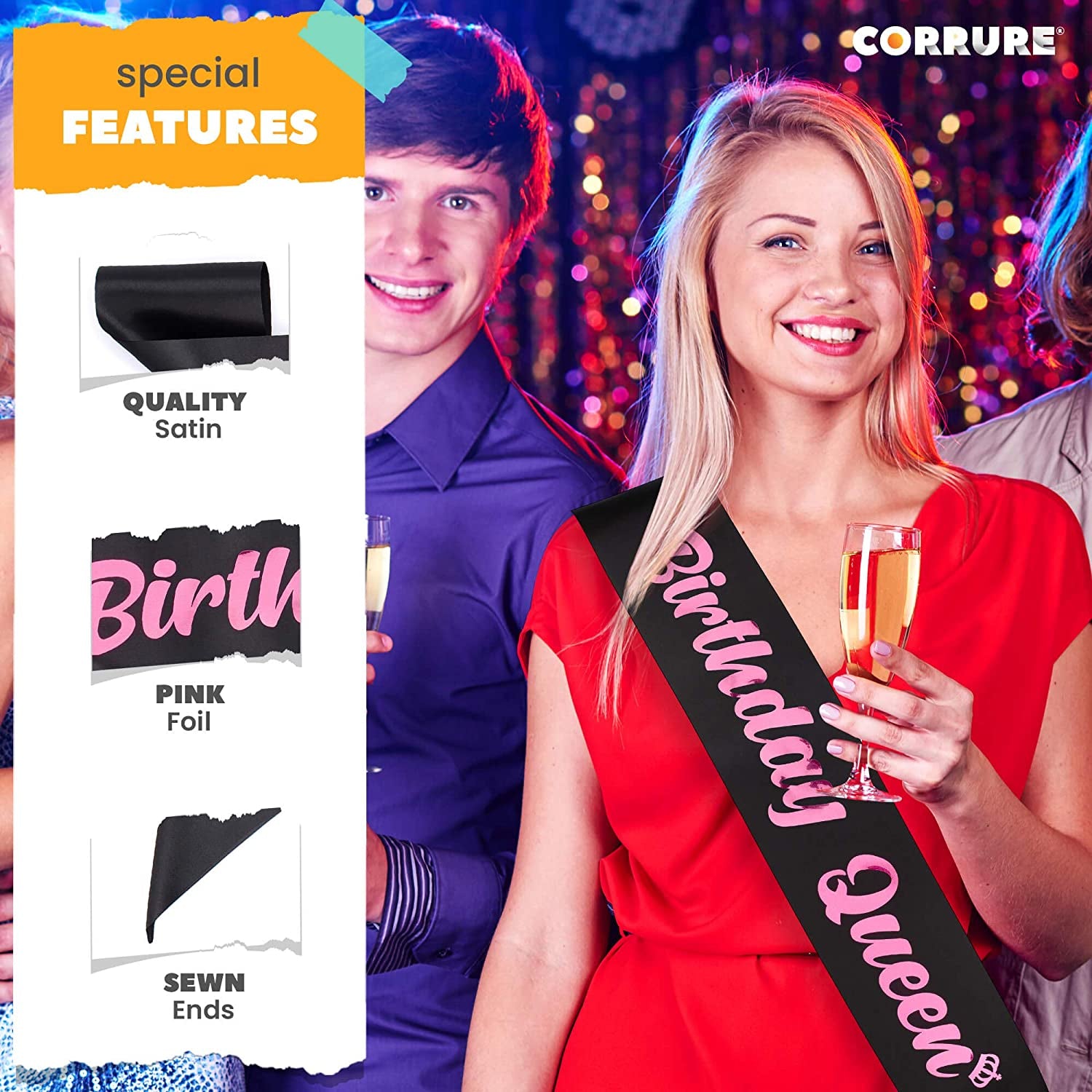 CORRURE 'Birthday Queen' Sash with Pink Foil - Soft Satin Black Sash for Women - Happy Birthday Sash for Girls, Sweet 16, 18Th 21St 25Th 30Th 40Th 50Th or Any Other Bday Party Apparel & Accessories > Clothing Accessories > Sashes CORRURE
