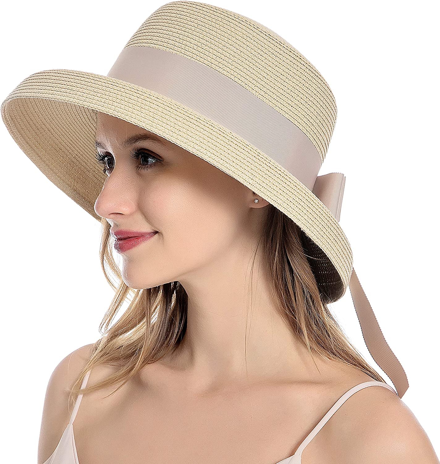 Muryobao Womens Sun Straw Hat Summer UV Protection Travel Foldable Brim Bucket Hat Vintage Cloche Beach Fishing Cap Apparel & Accessories > Clothing Accessories > Hats Muryobao Beige