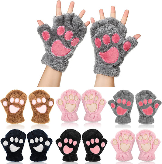 SATINIOR 6 Pairs Cat Paw Gloves Fingerless Faux Fur Plush Gloves Mittens Winter Warm Half Finger Gloves Cute Cat Paw Cosplay Gloves Fuzzy Plush Gloves for Women Girls (Black, Grey, Pink, Brown, Navy) Apparel & Accessories > Clothing Accessories > Gloves & Mittens SATINIOR