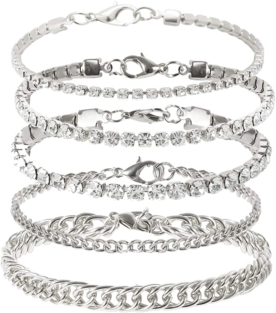 Kelistom Cuban Link Rhinestone Tennis Anklet Set for Women Teen Girls, 18K Gold or White Gold Plated Chain Ankle Bracelets for Women with Extension Apparel & Accessories > Jewelry > Anklets kelistom 1-white