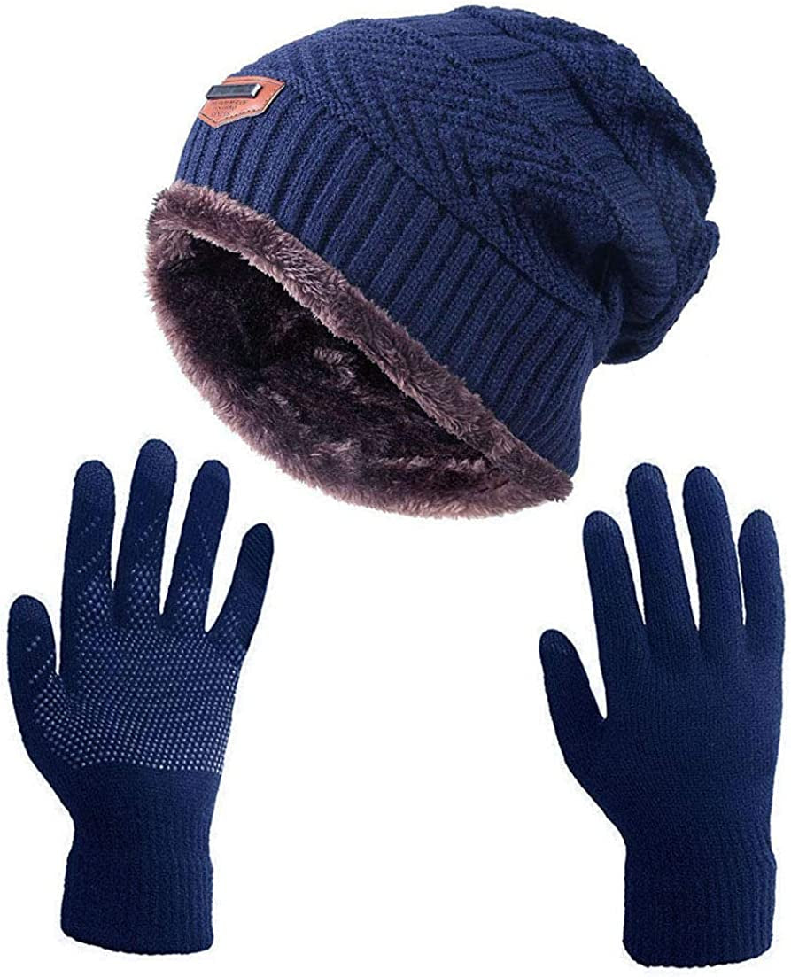 HINDAWI Winter Slouchy Beanie Gloves for Women Knit Hats Skull Caps Touch Screen Mittens Apparel & Accessories > Clothing Accessories > Gloves & Mittens HINDAWI Hat+gloves (Navy)