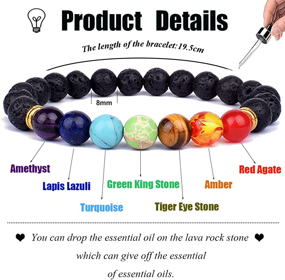 Svovin 1-14 Pcs Lava Rock 7 Chakra Energy Oil Diffuser Bracelet Set for Women Men Unisex Elastic 8Mm Stone Yoga Beaded Bracelets Jewelry with Lucky Healing Apparel & Accessories > Jewelry > Bracelets Svovin
