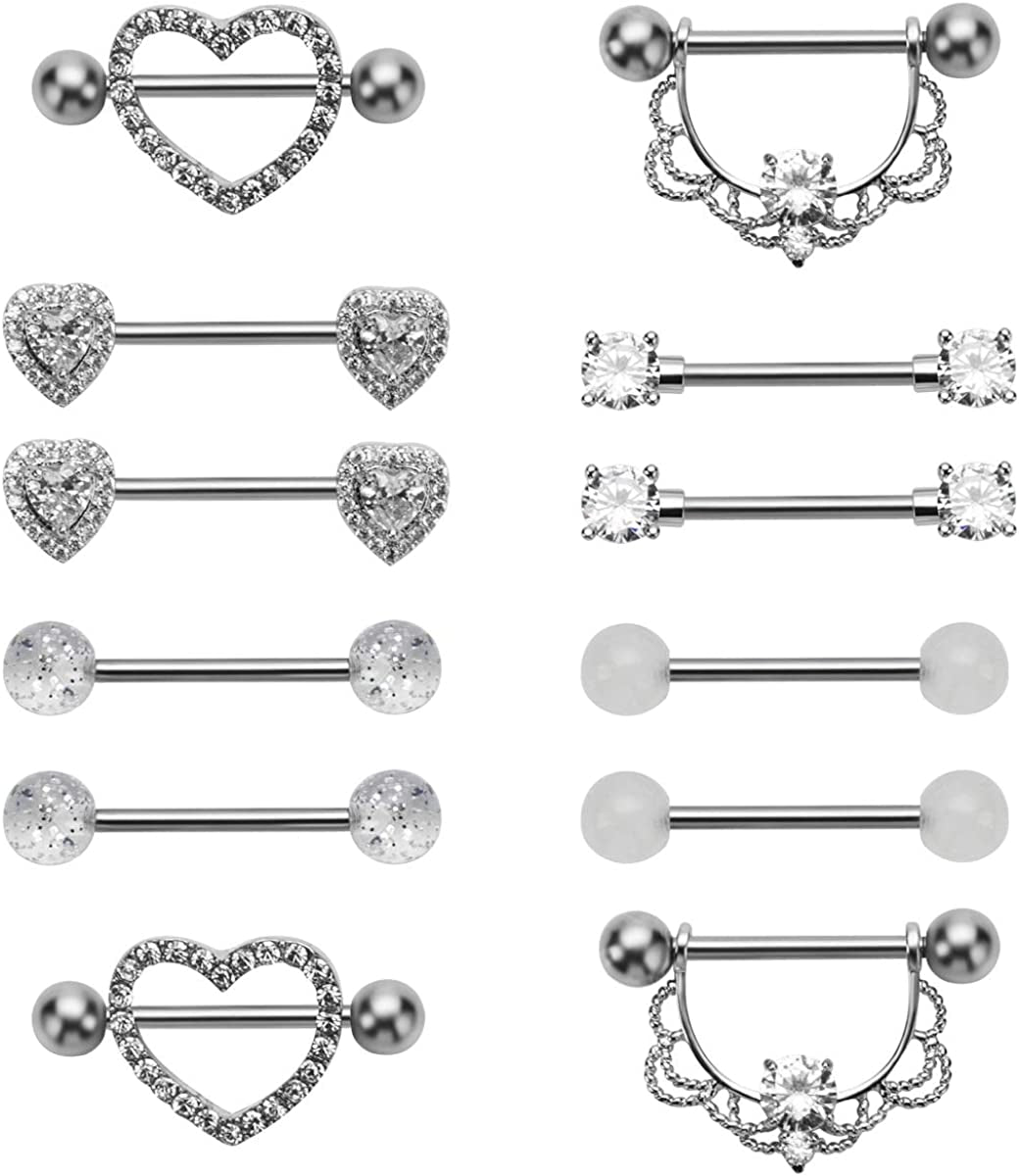 NASAMA Stainless Steel Acrylic Nipple Rings Tongue Ring CZ Barbell Heart-Shape Piercing Body Jewelry Apparel & Accessories > Jewelry > Body Jewelry NASAMA