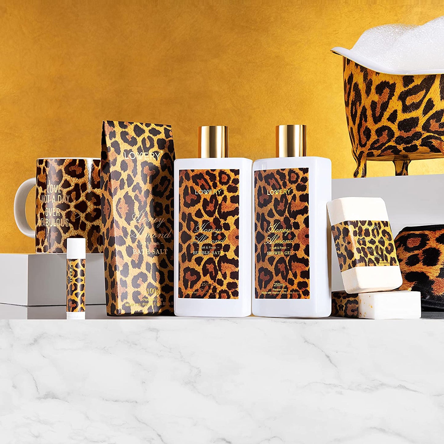 Gift Baskets for Women & Men, 18Pc Honey Almond Home Bath Pampering Package for Relaxing Stress Relief, Leopard Print Thank You, Birthday Gifts, Spa Self Care Kit, Aromatherapy Gifts Health & Beauty > Personal Care > Cosmetics > Bath & Body LOVERY