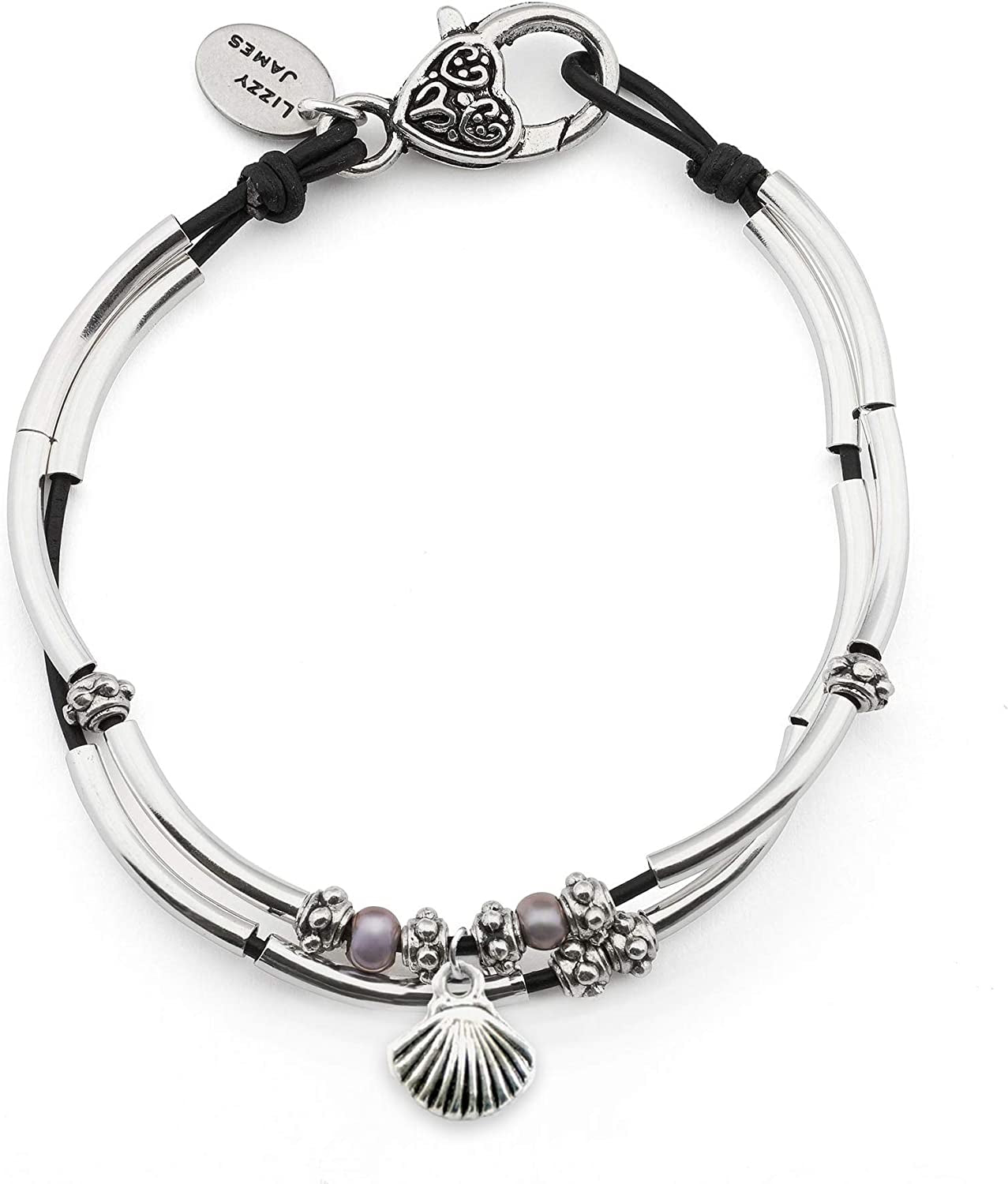 Lizzy James Lucy Anklet Bracelets for Women in Natural Black Leather Silver Plate Crescents Apparel & Accessories > Jewelry > Anklets Lizzy James Silver Shell Charm 10 INCH