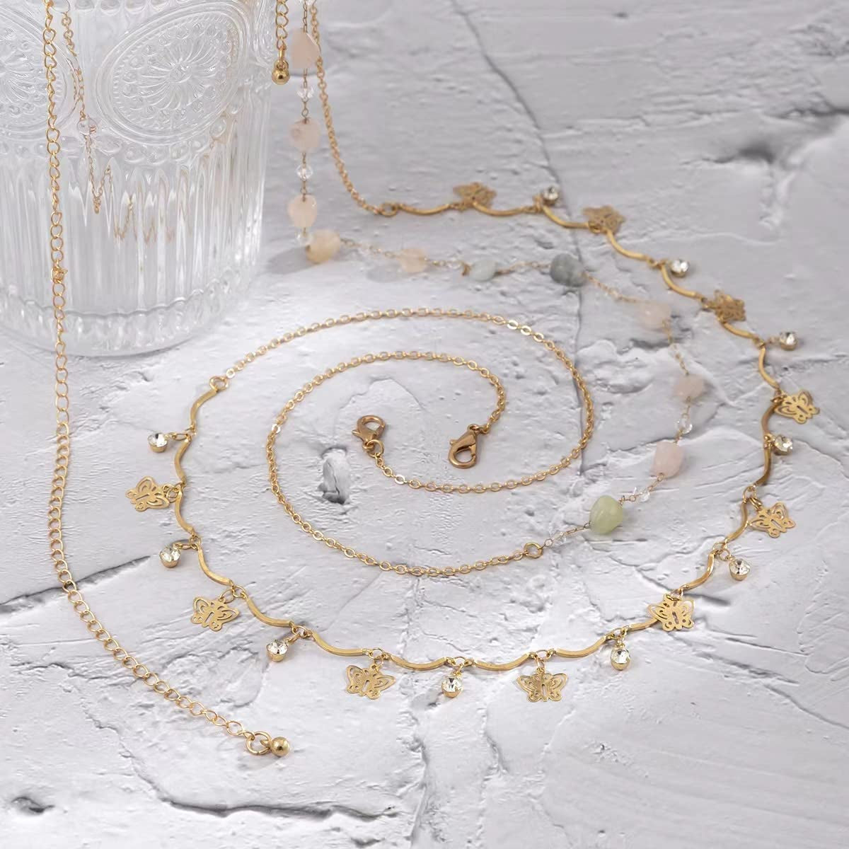 Butterfly Waist Chain with Crystals Gold Sexy Belly Chains Rhinestone Adjustable Beach Bikini Body Chain for Women Girls Stomach Jewelry Chain Summer Beach Bikini Belly Chains Rave Jewelry Gift Apparel & Accessories > Jewelry > Body Jewelry INLOLLY