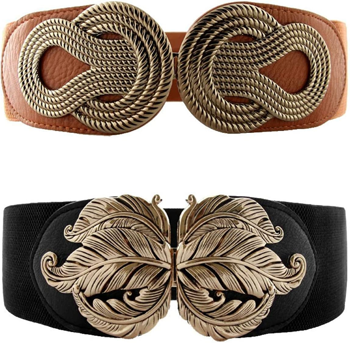 VOCHIC 2Pcs Vintage Basic Stretchy Elastic Wide Waist Belt for Womens Dress Metal Interlock Buckle Apparel & Accessories > Clothing Accessories > Belts VOCHIC Brown+black(leaf Buckle) Small(25"-32")