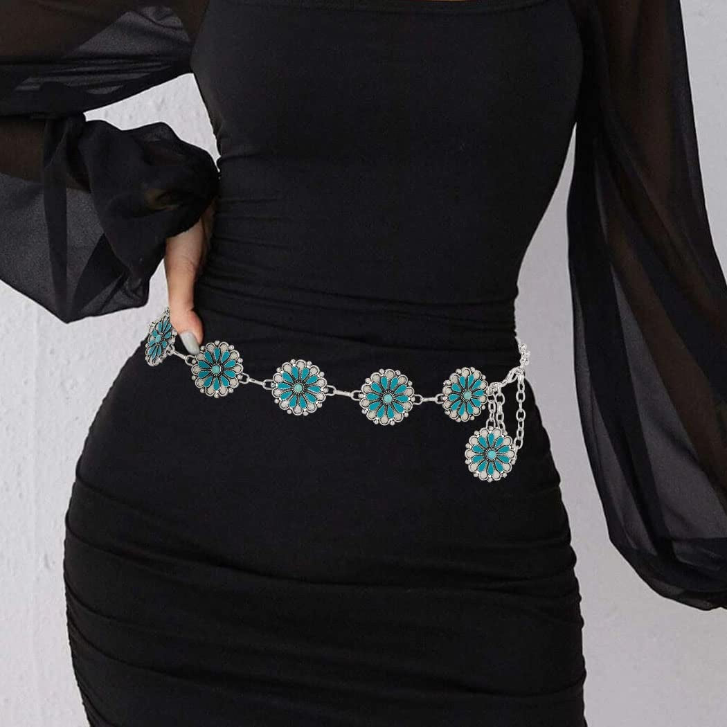 Navoky Turquoise Waist Chains Silver Belly Bodychain Western Chain Belt Concho Belts Boho Body Accessories Jewelry for Women and Girls Apparel & Accessories > Jewelry > Body Jewelry Navoky
