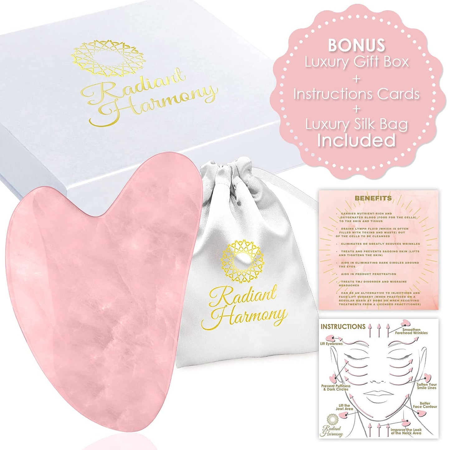 Radiant Harmony Gua Sha - Rose Quartz Gua Sha Facial Tools as Face Massager - Guasha Tool for Face Skin Care Tools - Easy to Use - Arrives in a Luxury Box & Bag with Guide - Gifts for Women Health & Beauty > Personal Care > Cosmetics > Cosmetic Tools > Skin Care Tools RADIANT HARMONY