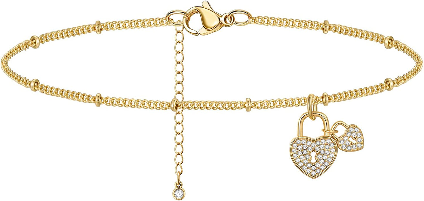 Kissyan Gold Ankle Bracelets for Women, Dainty 14K Gold Plated Anklets Cuban Link Chain Ankles Adjustable Snake Tennis Anklet Bracelet Tiny Beach Foot Jewelry Gifts for Women Girls Apparel & Accessories > Jewelry > Anklets KissYan Gold-heart lock