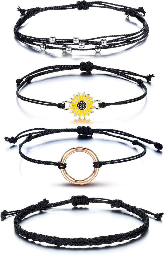 Top Plaza 4 Pcs Summer Surfer Wave Anklet Bracelets for Women Adjustable Strand Braided String Rope Bracelets Sunflower Friendship Bracelets Ocean Beach Jewelry for Women Teen Girls Apparel & Accessories > Jewelry > Anklets Top Plaza Black -4 Pcs