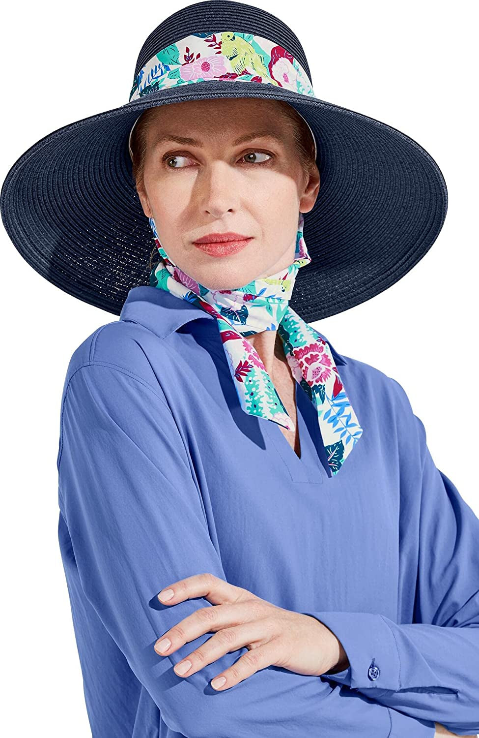 Coolibar UPF 50+ Women'S Stella Scarf Detail Hat - Sun Protective Apparel & Accessories > Clothing Accessories > Hats Coolibar Navy Tropical Rainforest One Size