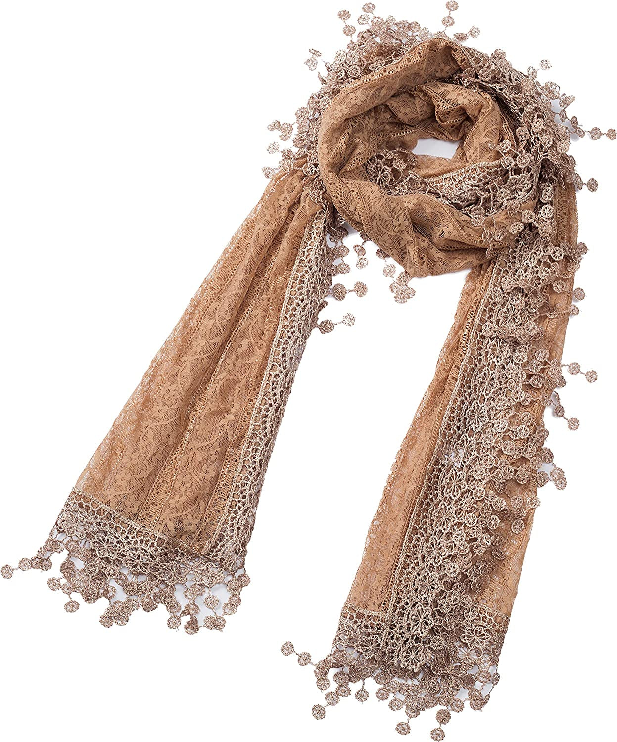 Cindy and Wendy Lightweight Soft Leaf Lace Fringes Scarf Shawl for Women Apparel & Accessories > Clothing Accessories > Scarves & Shawls Cindy and Wendy Brown Floral With Fringes