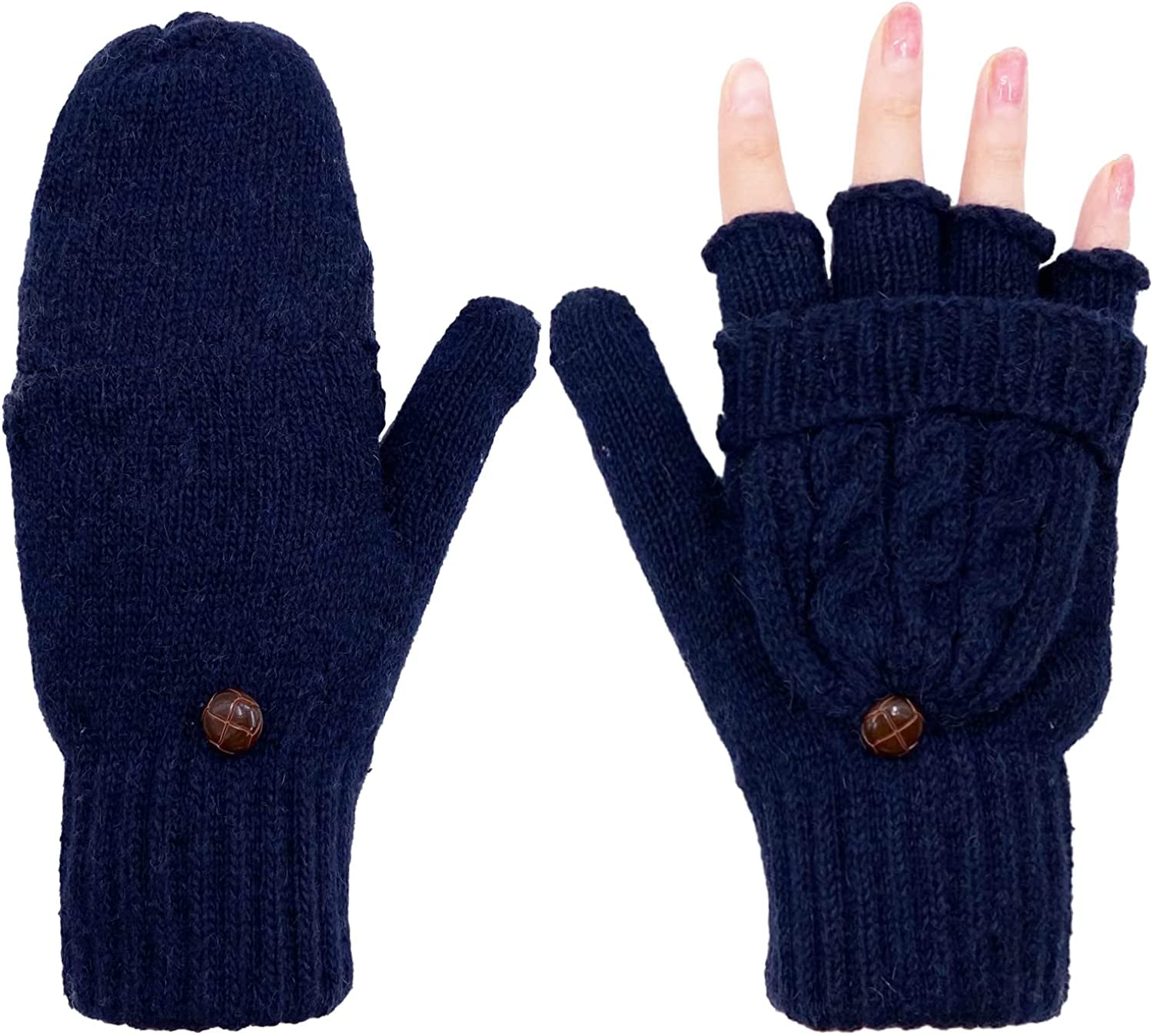 Beurlike Women'S Winter Gloves Warm Wool Knitted Convertible Fingerless Mittens Apparel & Accessories > Clothing Accessories > Gloves & Mittens Beurlike Navy