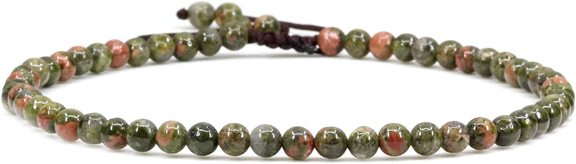 Keleny Natural Gemstone 4Mm round Bead Charm Stretch Anklet for Women Brown Rope Adjustable 8.6-11 Inch Apparel & Accessories > Jewelry > Anklets Kelenystones Green Unakite