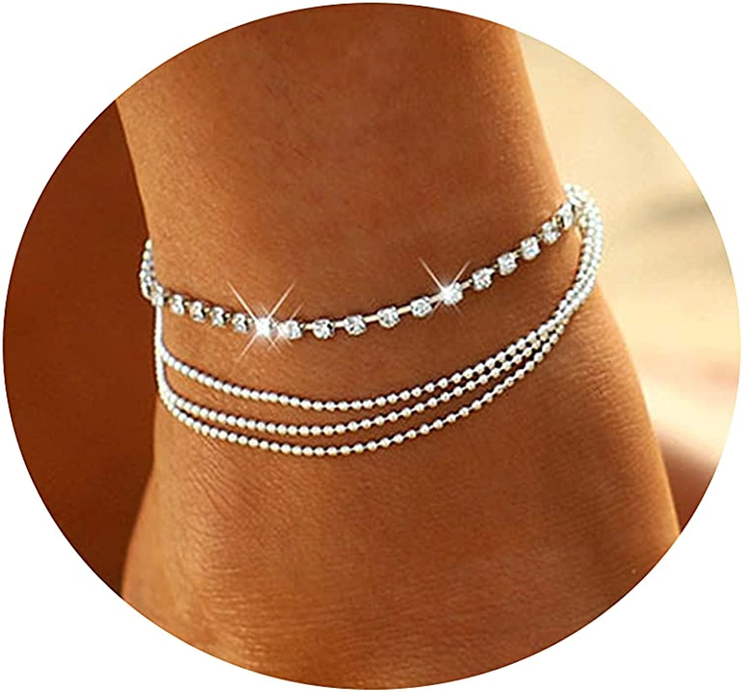 Tasiso 14K Gold Plated Layered Satellite Beads Heart Anklets Layering Rhinestone Cubic Zirconia Ankle Bracelets for Women Minimalist Summer Beach Foot Chain Ankle Jewelry Gifts Apparel & Accessories > Jewelry > Anklets Tasiso 4 Layered Tennis -Silver