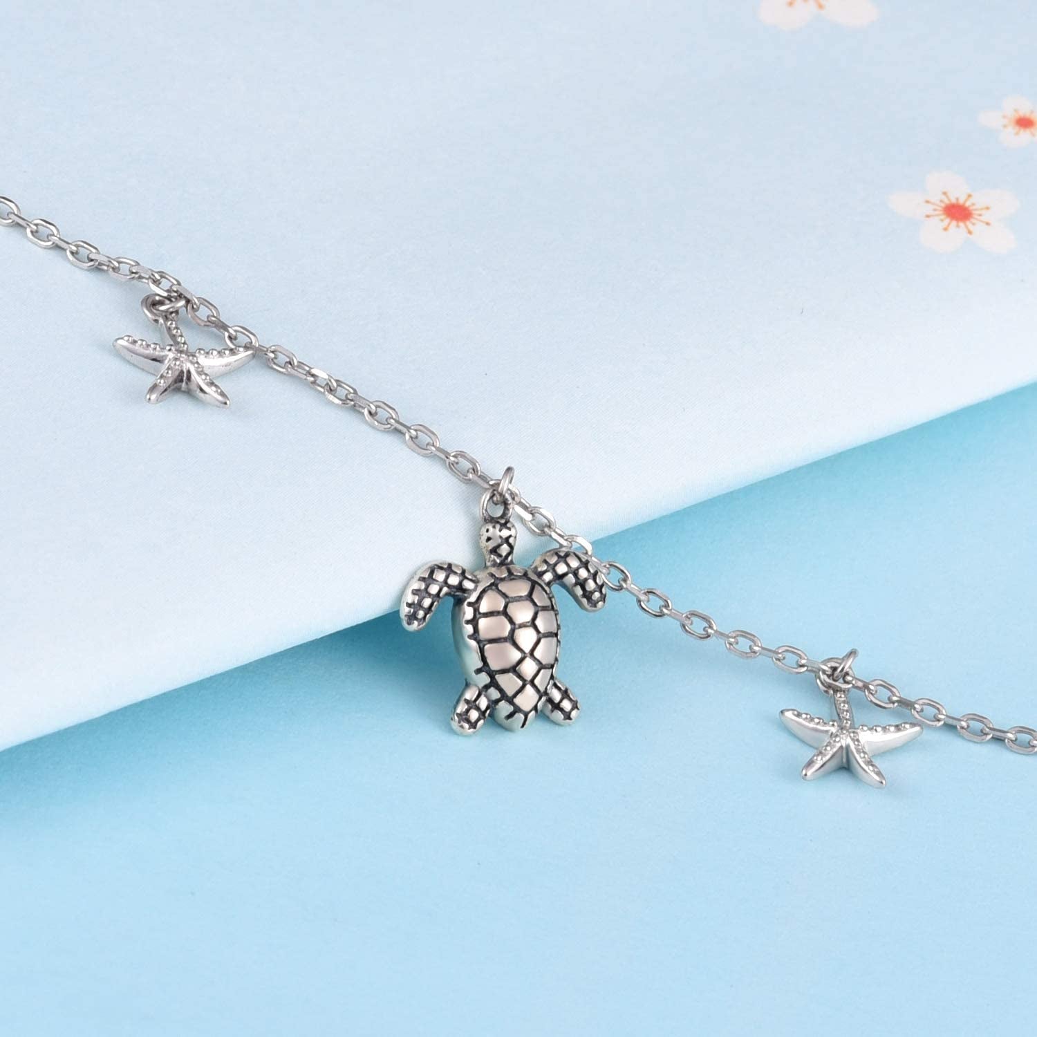 S925 Sterling Silver Sea Turtle Starfish Adjustable Anklets Foot Chain Jewelry Ankle Bracelet for Women Apparel & Accessories > Jewelry > Anklets ACJNA