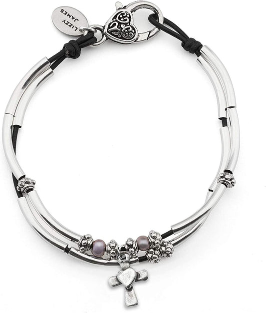 Lizzy James Lucy Anklet Bracelets for Women in Natural Black Leather Silver Plate Crescents Apparel & Accessories > Jewelry > Anklets Lizzy James Silver Cross Heart Charm 11 INCH