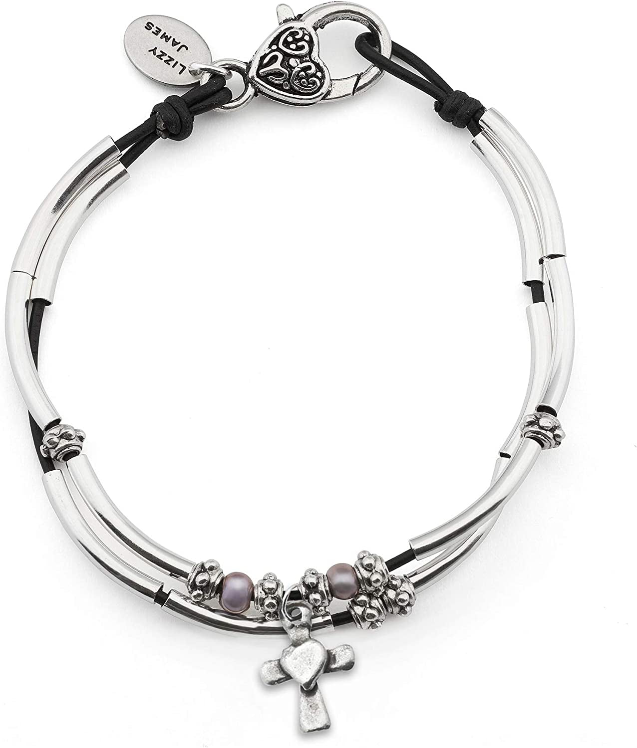 Lizzy James Lucy Anklet Bracelets for Women in Natural Black Leather Silver Plate Crescents Apparel & Accessories > Jewelry > Anklets Lizzy James Silver Cross Heart Charm 11 INCH