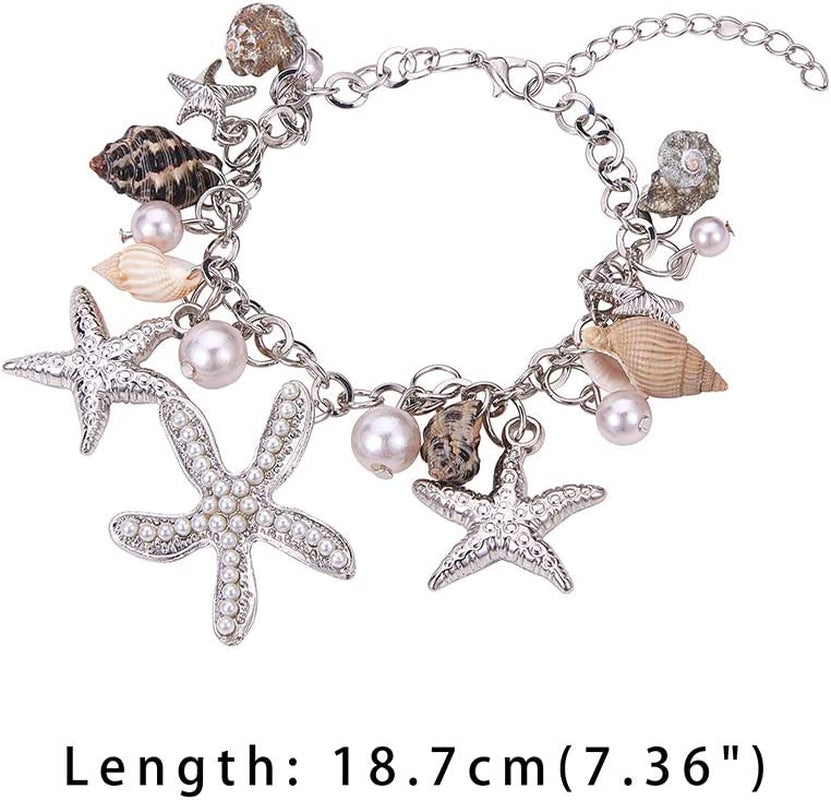 PH Pandahall Starfish Shell Anklet Bracelets Conch Starfish Faux Pearl Anklet Bracelet Charm Women Bohemian Adjustable Shell Bracelet Mermaid Costume Jewelry for Women Silver(7” with 2” Extend Chain) Apparel & Accessories > Jewelry > Anklets PH PandaHall