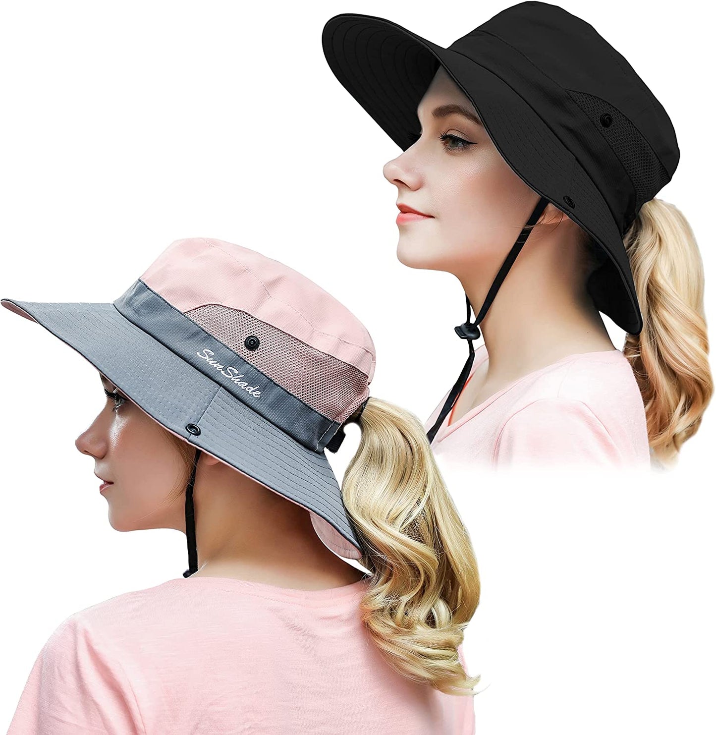 Muryobao 2 Pack Women Ponytail Summer Sun Hat UV Protection Wide Brim Foldable Safari Fishing Cap Apparel & Accessories > Clothing Accessories > Hats Muryobao 2 Pack - Black & Pink