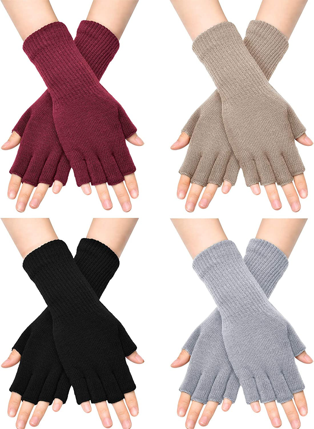 Unisex Half Finger Gloves Winter Stretchy Knit Fingerless Typing Gloves for Women Apparel & Accessories > Clothing Accessories > Gloves & Mittens SATINIOR Black, Light Grey, Light Tan, Wine Red 4