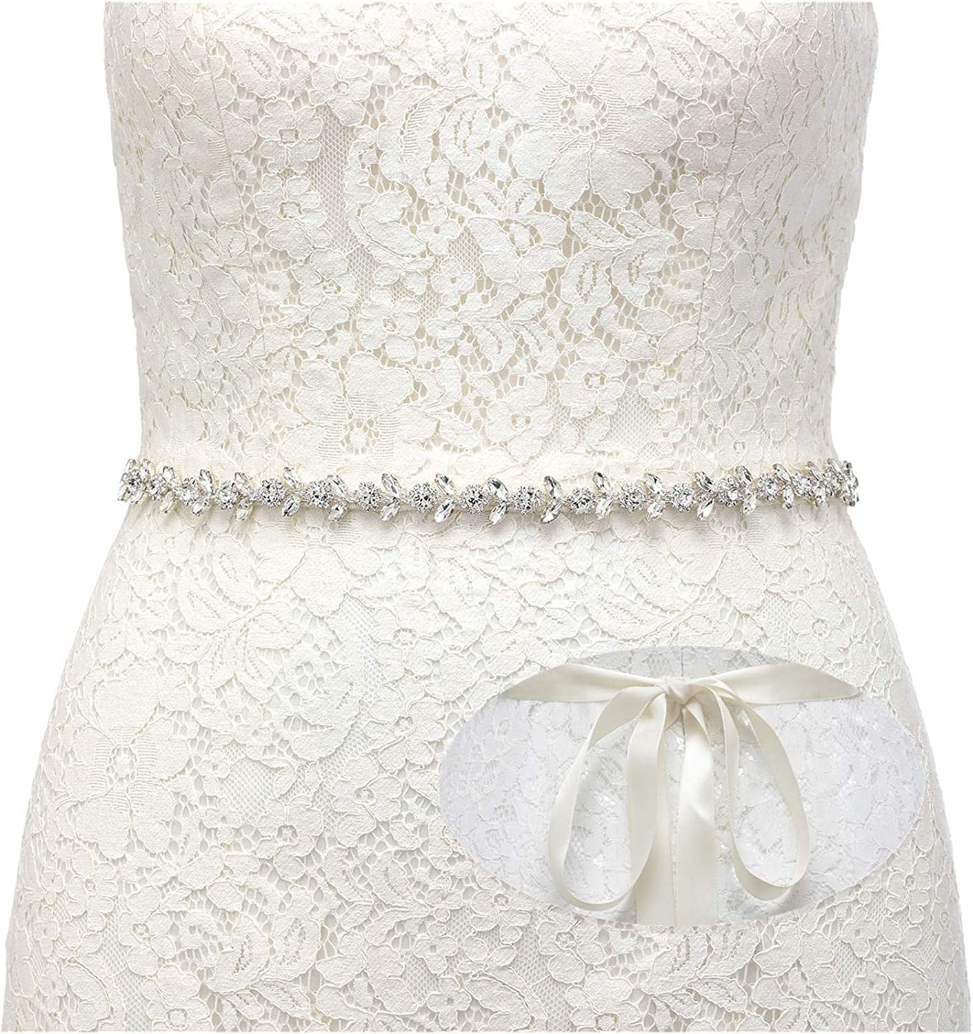 SWEETV Rhinestone Bridal Belt Bridesmaid Sash Crystal Headband Wedding Belt Women Dress Accessories Apparel & Accessories > Clothing Accessories > Belts SWEETV Silver + Ivory Ribbon