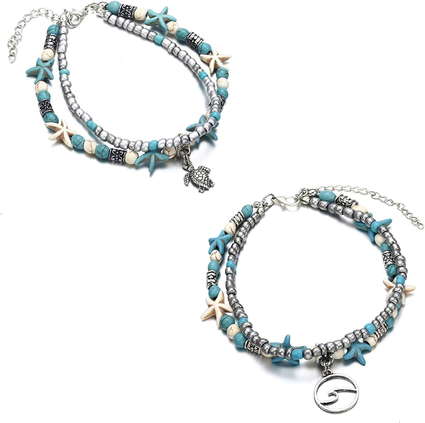 Softones Blue Starfish Turtle Anklet Multilayer Charm Beads Sea Handmade Boho Anklet Foot Jewelry for Women Girl Apparel & Accessories > Jewelry > Anklets Softones E:2pcs Turtle Wave