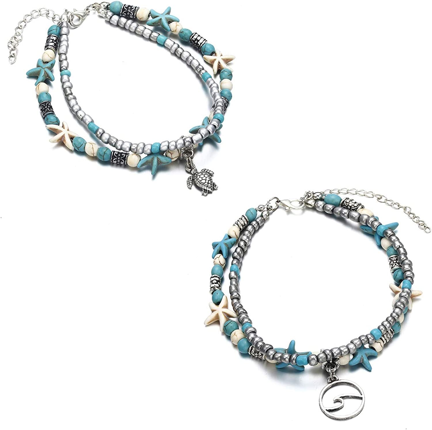 Softones Blue Starfish Turtle Anklet Multilayer Charm Beads Sea Handmade Boho Anklet Foot Jewelry for Women Girl Apparel & Accessories > Jewelry > Anklets Softones E:2pcs Turtle Wave