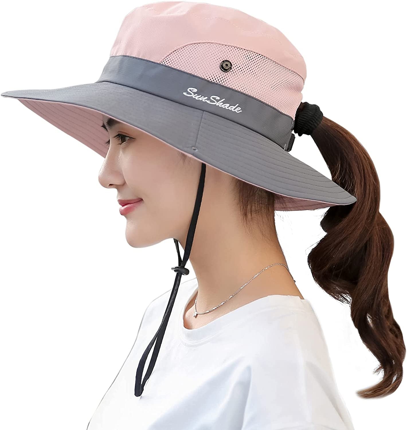 Muryobao Women'S Ponytail Sun Hat UV Protection Foldable Mesh Wide Brim Beach Fishing Hat Apparel & Accessories > Clothing Accessories > Hats Muryobao Pink