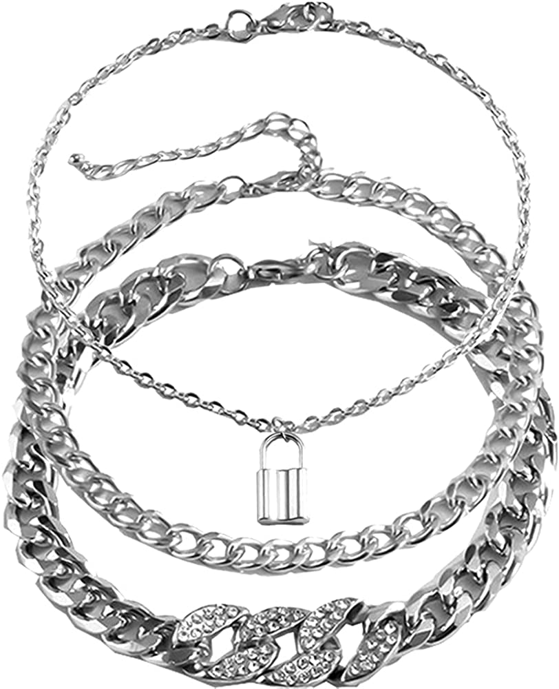 Kelistom Cuban Link Rhinestone Tennis Anklet Set for Women Teen Girls, 18K Gold or White Gold Plated Chain Ankle Bracelets for Women with Extension Apparel & Accessories > Jewelry > Anklets kelistom 2-white-lock