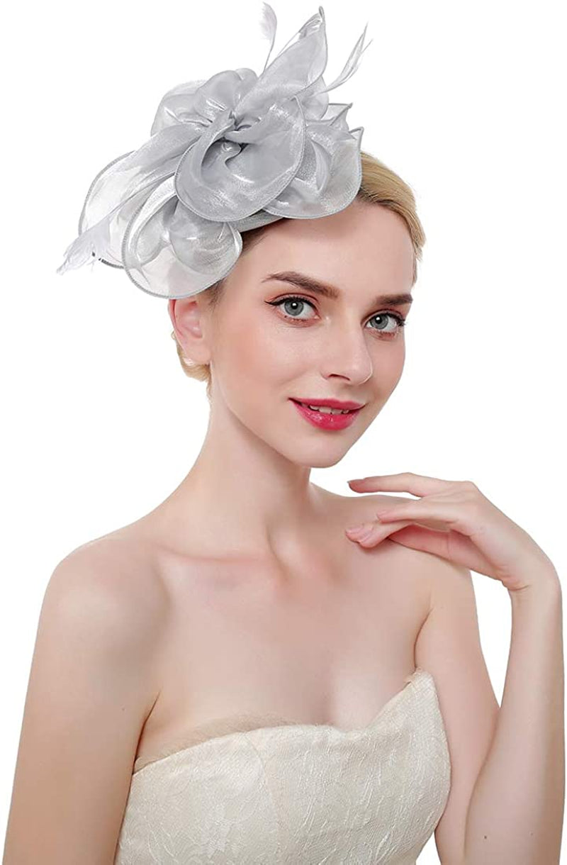 Women Flower Fascinator Hat Wedding Bridal Fascinators Tea Party Hat Feather Fascinator Headband Headwear for Evening Church Apparel & Accessories > Clothing Accessories > Headwear STbest Grey